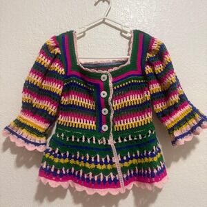 Truce Kids Crochet Cool Boho Sweater Multi Color Puff Sleeve Peplum M 10-12 NWT